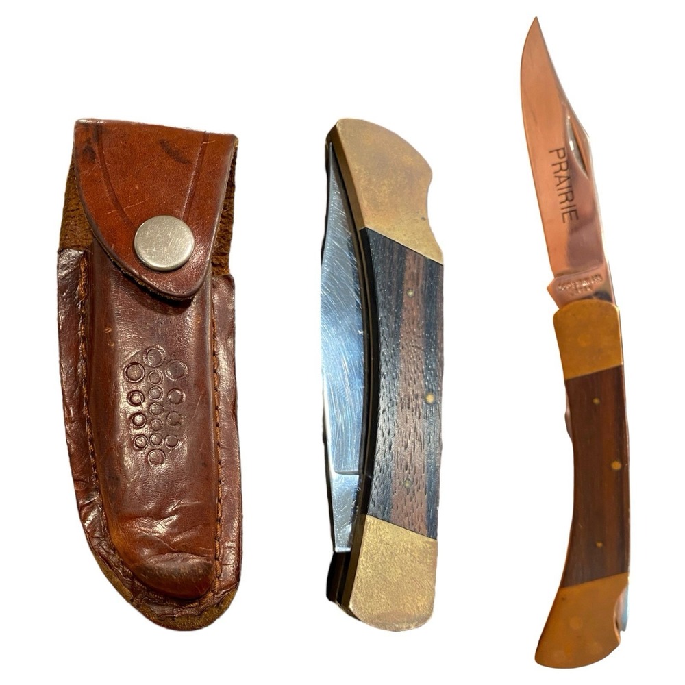 VTG 70's Prairie Hunting Knife 440 Stainless Japan Wood Handle w/ Leather Sheath